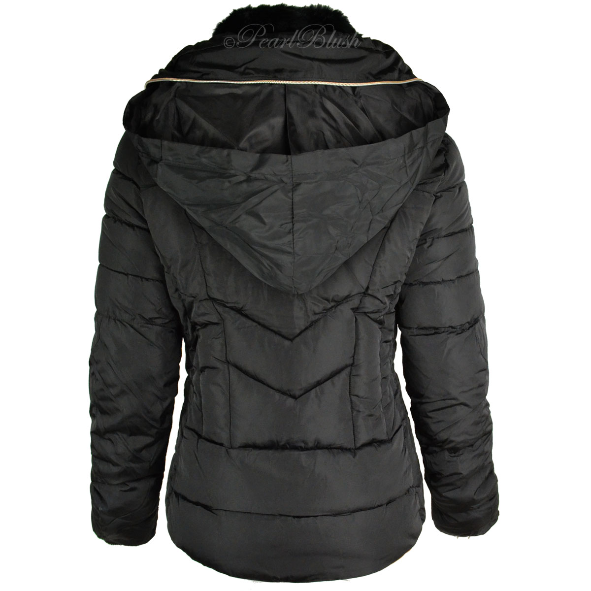 Womens Ladies Quilted Winter Coat Puffer Fur Collar Hooded Jacket Parka Size
