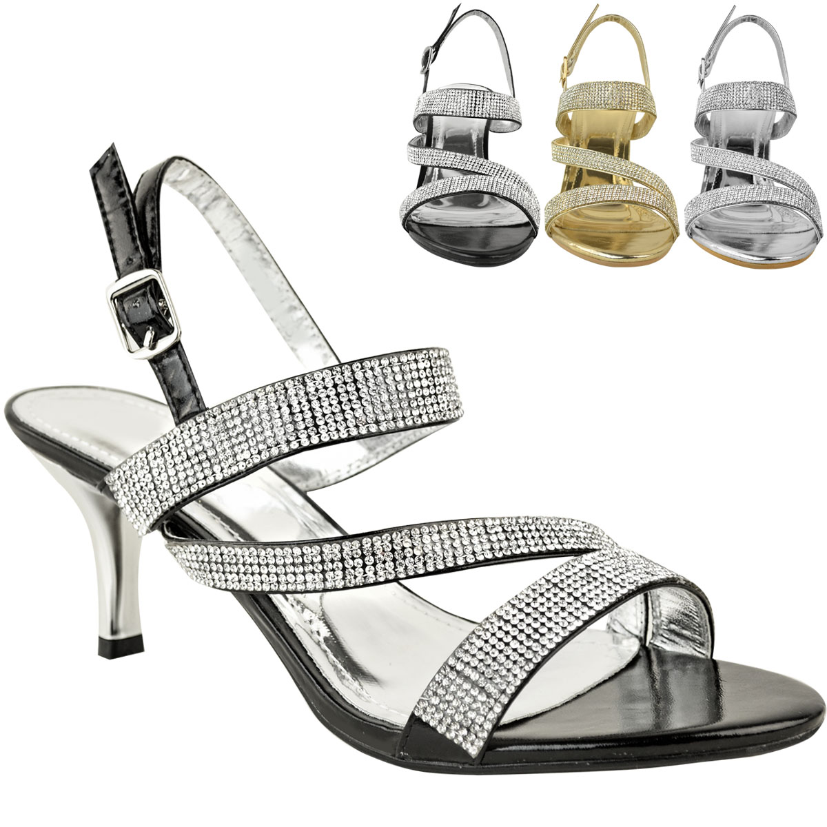 Ladies Diamante Mid Heel Sandals Womens T bar Strappy Shoes Evening Party size 