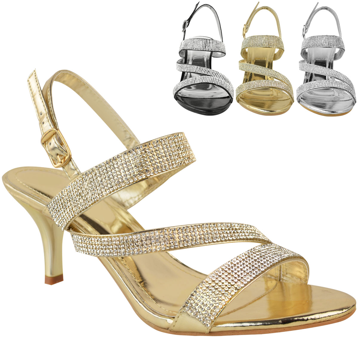 Gold Diamante Wedding Mid Heels Evening Prom Peeptoe Shoes 3 4 5 6 7 7.5 