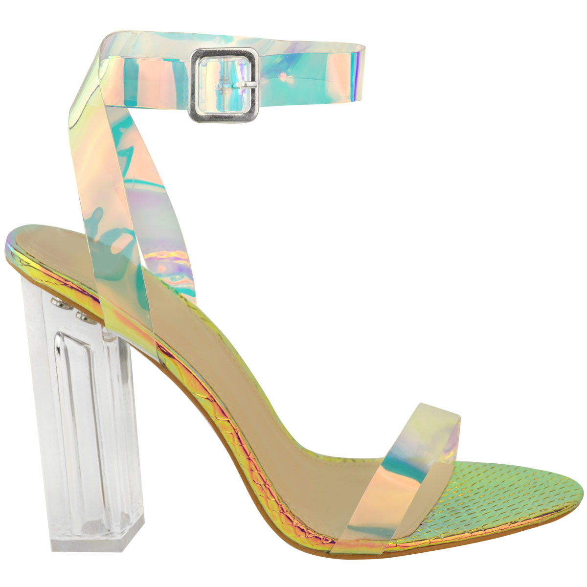 Womens Ladies High Heels Sandals Perspex Hologram Clear Block Heel Party Shoes 