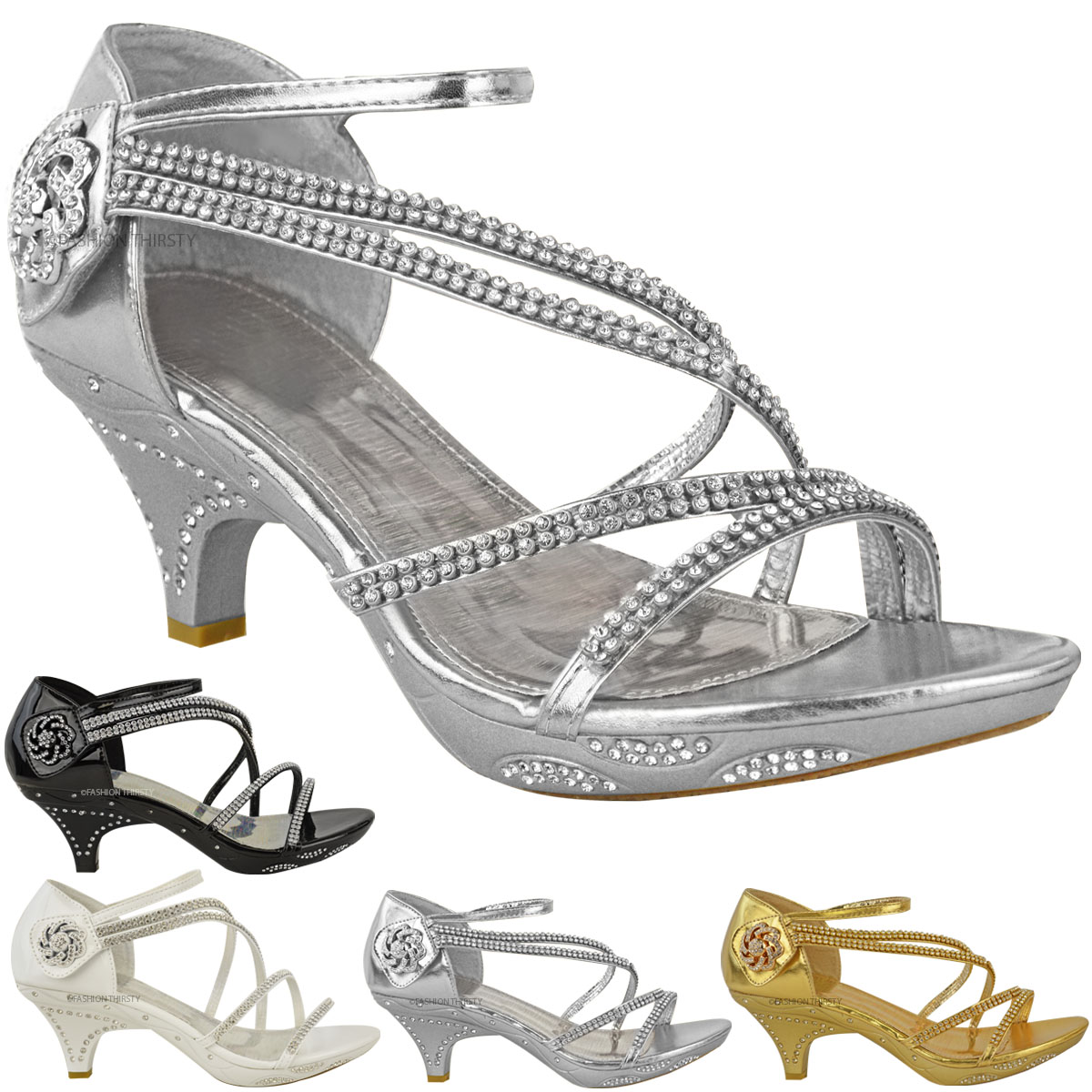 Deeps Ladies Diamante Low Heel Strappy Prom Party Wedding Sandals UV0051 