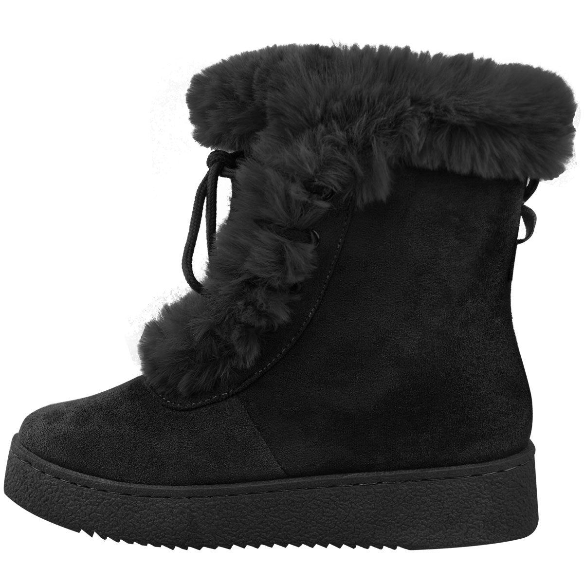 LADIES FLAT ANKLE BOOTS ZIP UP WOMENS FUR LINED WARM BLACK COMFY BIG SIZES 8-11 