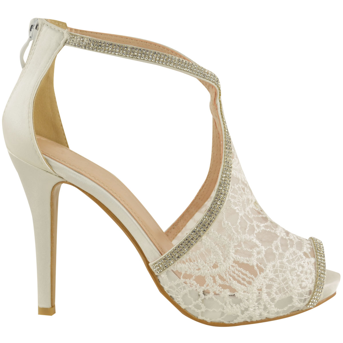 Ladies Womens Wedding Shoes High Heels Lace Diamante Bridal Peep Toe 