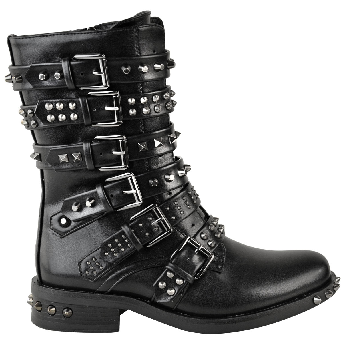 New Womens Flat Low Heel Studded Ankle Pit Boots Faux Leather Biker Buckles Punk 