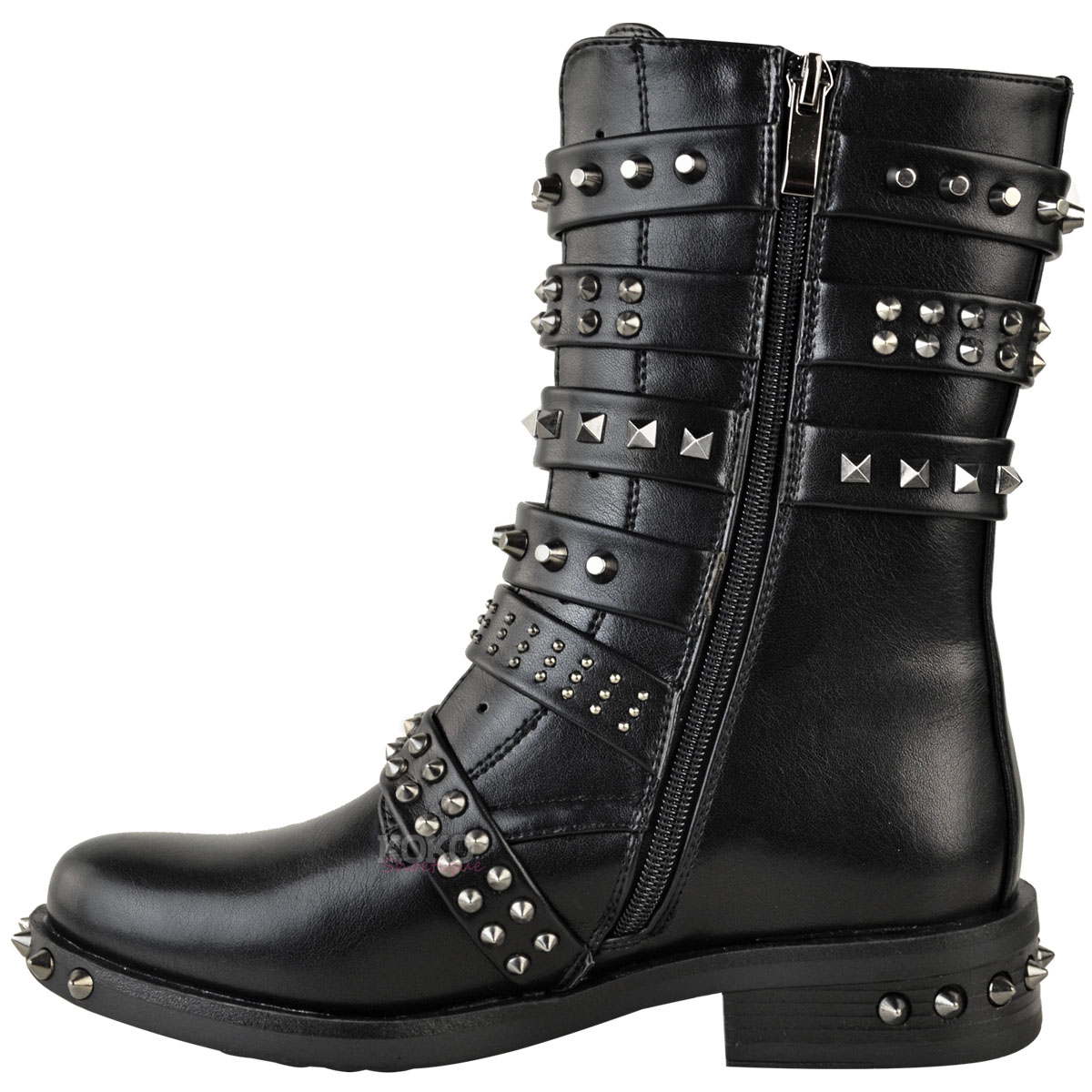 Womens Ladies Studded Ankle Boots Buckle Western Biker Strappy Flat