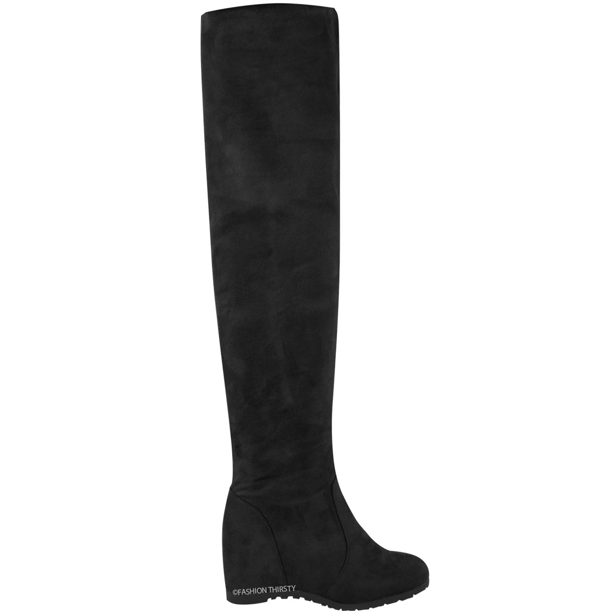 WOMENS LADES WEDGE THIGH OVER THE KNEE HIGH BOOTS MID HEEL PULL ON ...
