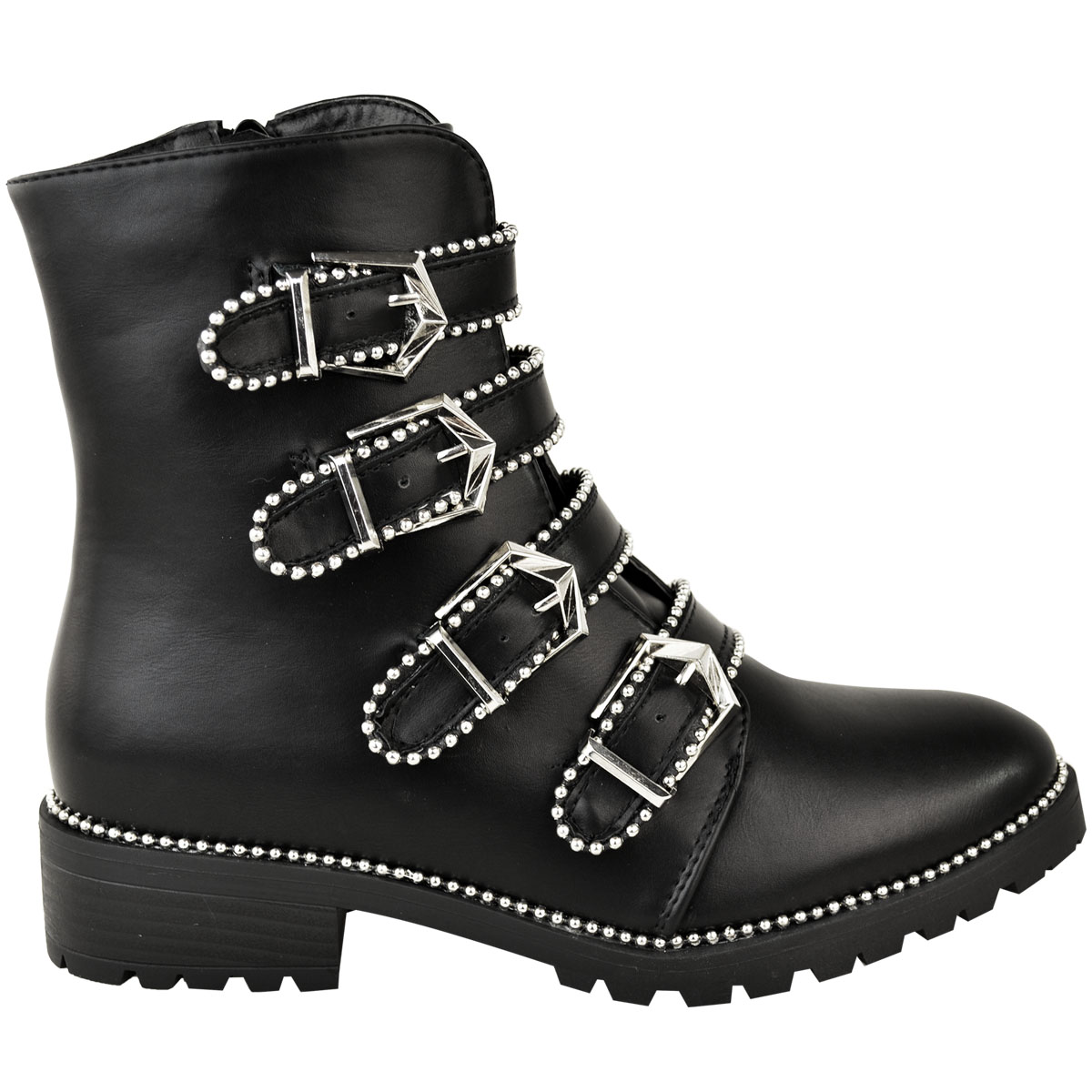 Womens Studded Ankle Boots Chunky Sole Low Heel Lace Up Biker Goth Punk Size UK