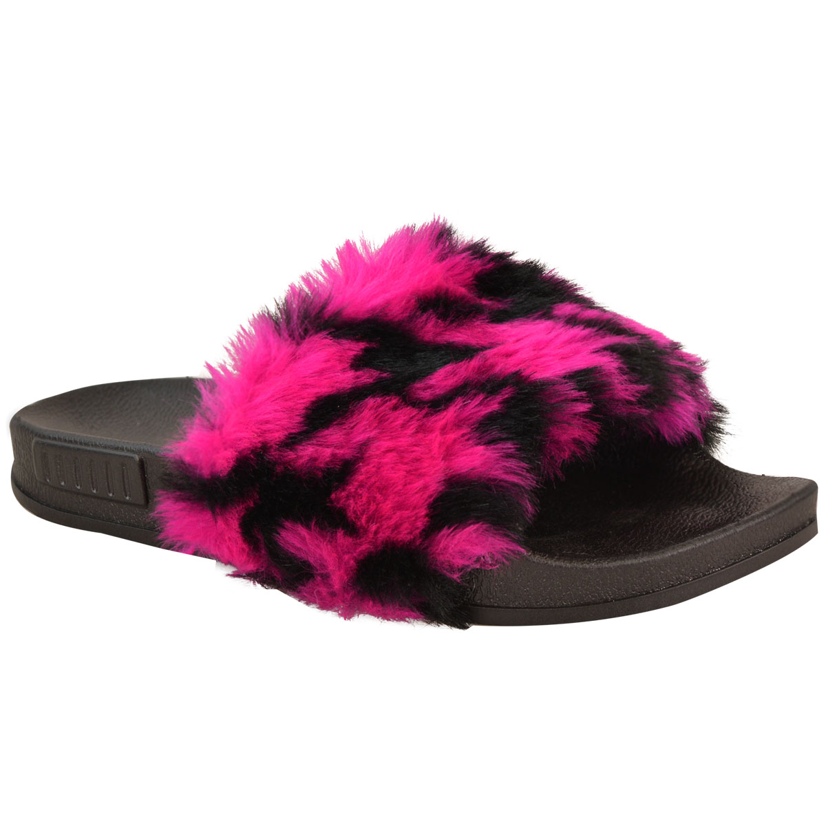 Womens Ladies Flat Farrah Rubber Sliders Mules Faux Fur Slippers Sandals Size UK | eBay