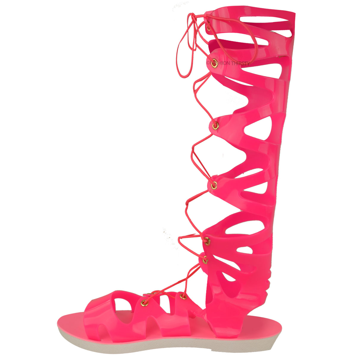 Womens Ladies Knee High Lace Up Jelly Sandals Gladiator Flat Summer Shoes Size