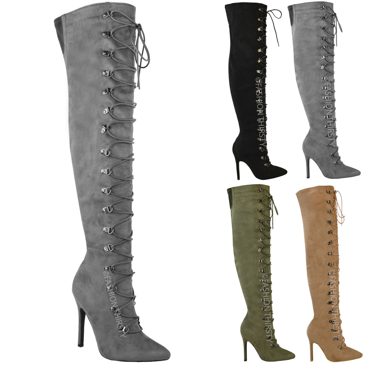 Womens Ladies Thigh High Over The Knee Stiletto Heel Boots Lace Up Shoes Size eBay