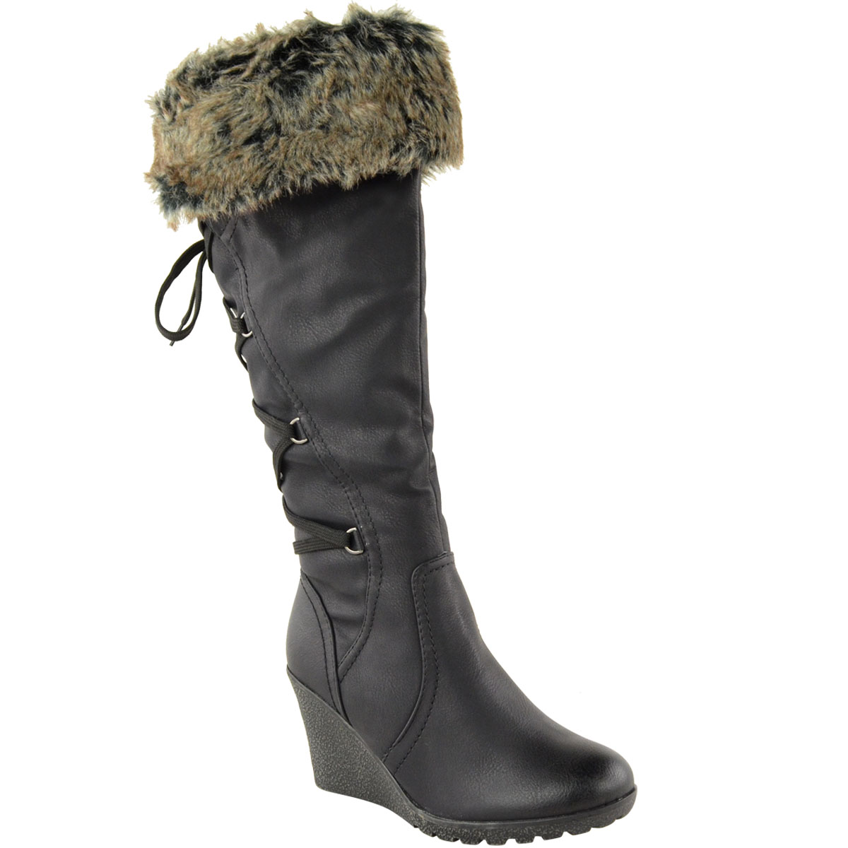 Womens Ladies Wedge Low Heel Winter Knee Boots Warm Faux Fur Fleece Size UK | eBay
