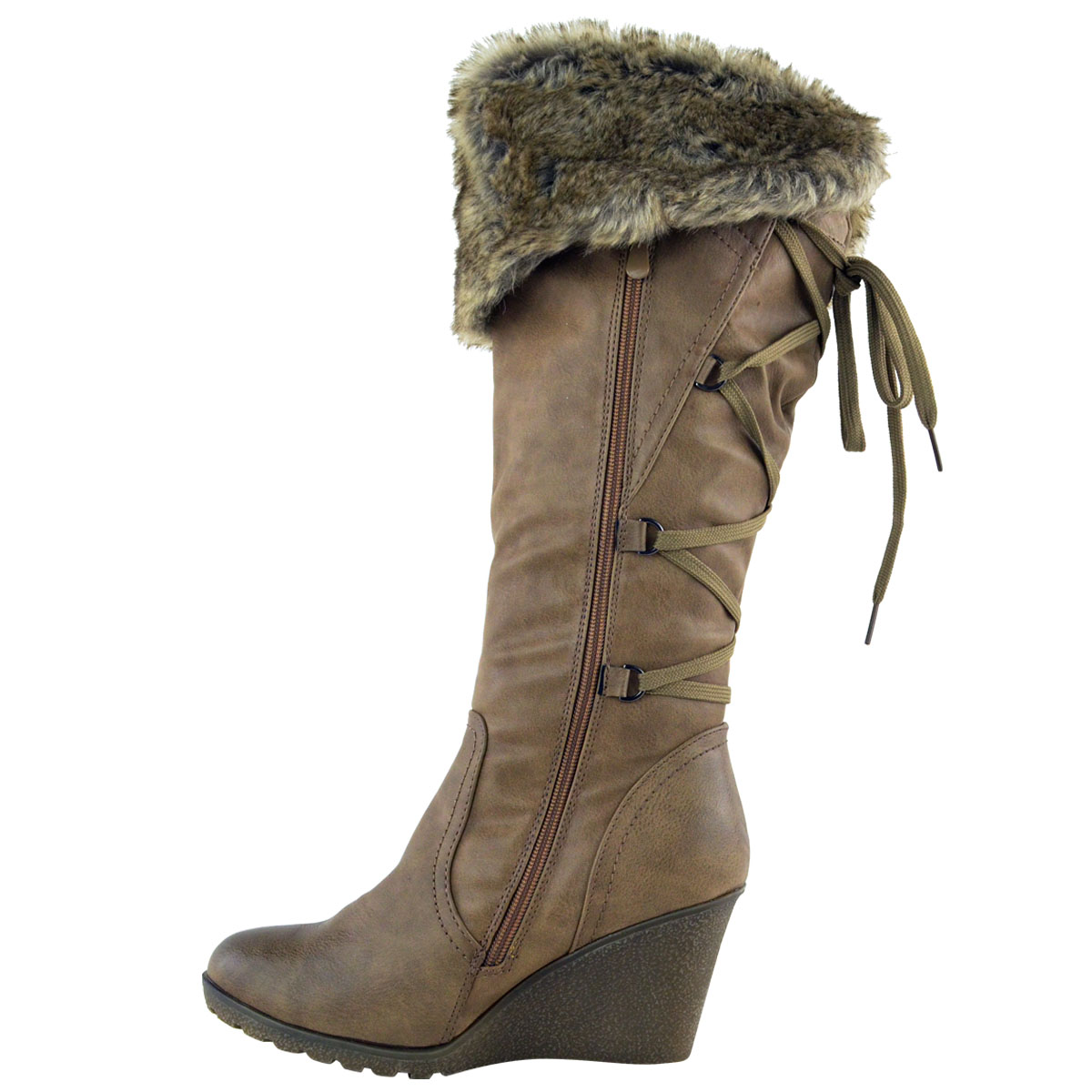 Womens Ladies Wedge Low Heel Winter Knee Boots Warm Faux Fur Fleece Size UK eBay
