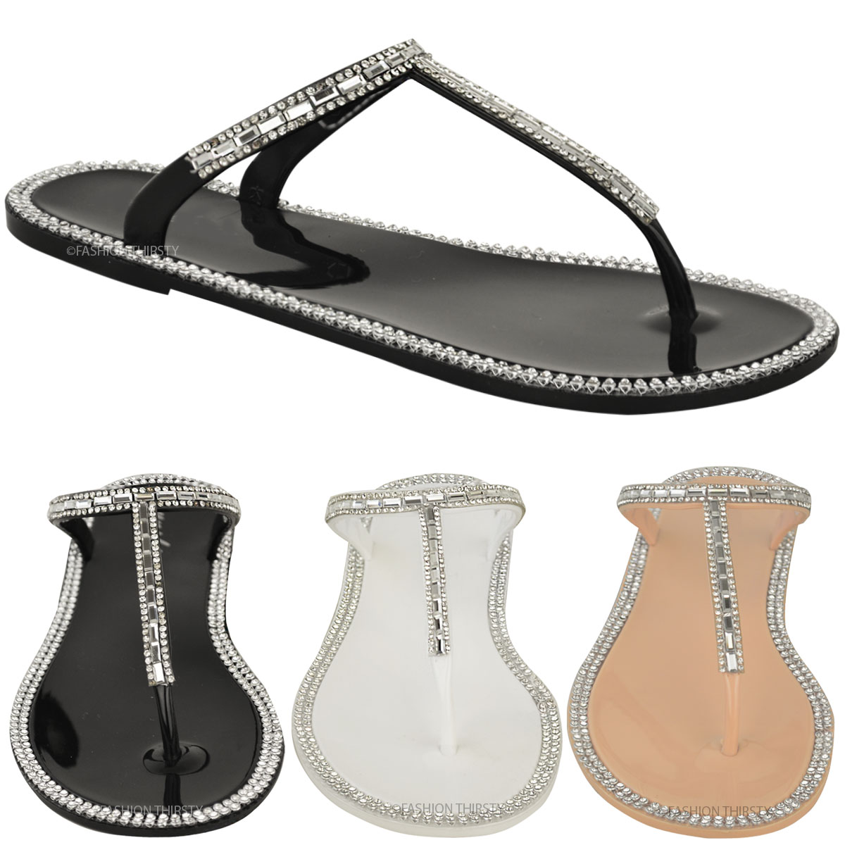 Womens Ladies Flat T-Bar Diamante Sandals Summer Flip Flops Toe Post Shoes Size 