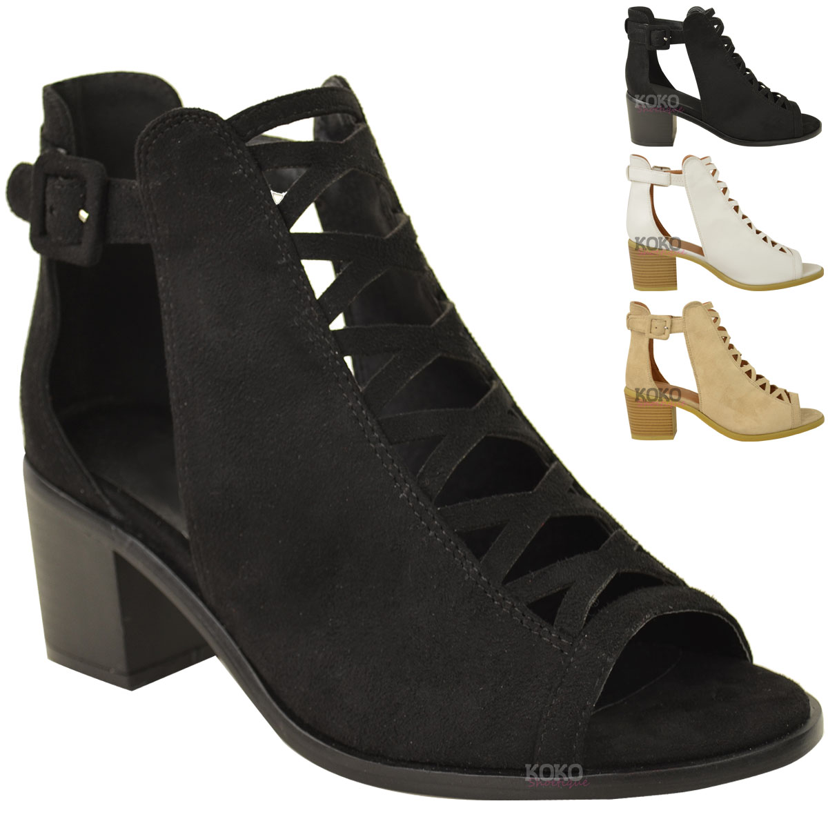 Elisabeth Womens Faux Leather Strappy Low Block Heel Buckle Fastening Fashion Sandals Black 7 B US M 