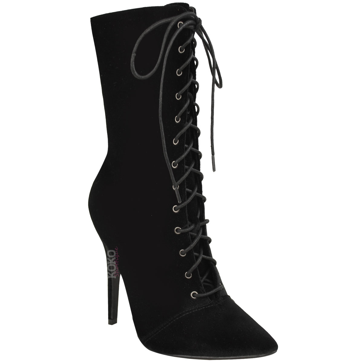 New Womens Ladies Lace Up Velvet High Heel Stiletto Ankle Boots ...