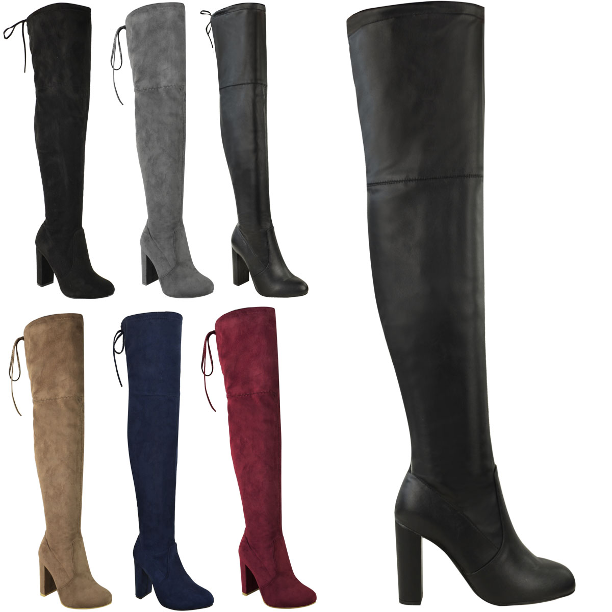 Womens Thigh High Boots Over The Knee Party Stretch Block Mid Heel Shoes Casual 
