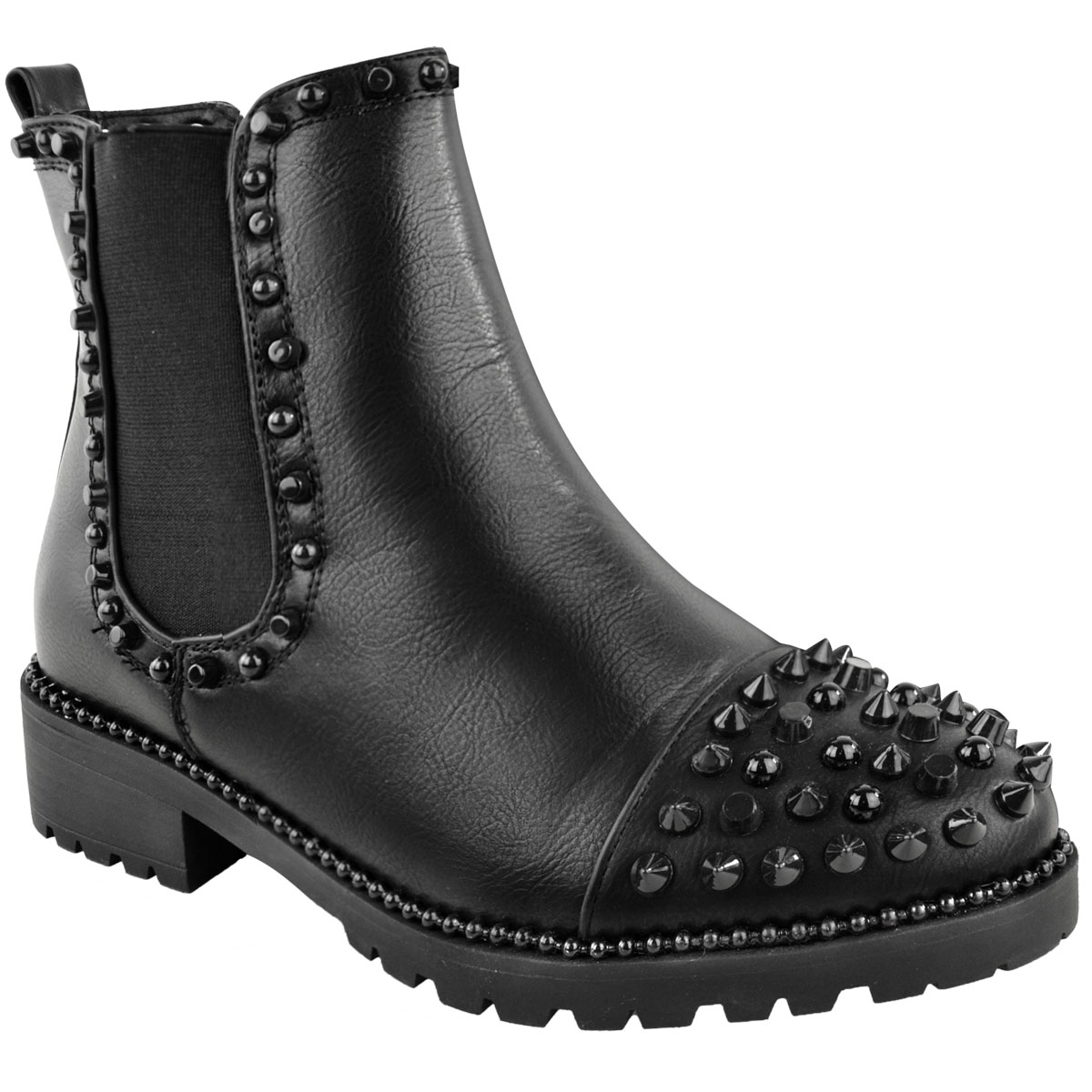 Womens Ladies Rivets Studded Chunky Heel Ankle Boots Biker Goth Punk Black White