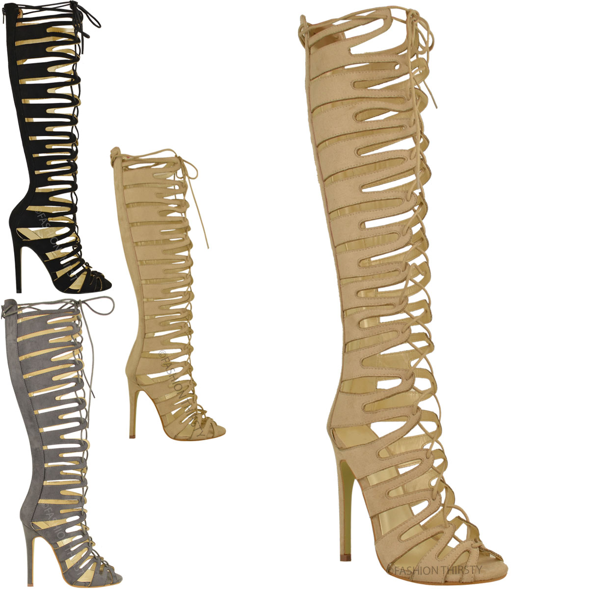 Details about   Peep Toe High Stiletto Heel Lace Up Over Knee Boots Nubuck Gladiator Women Shoes 
