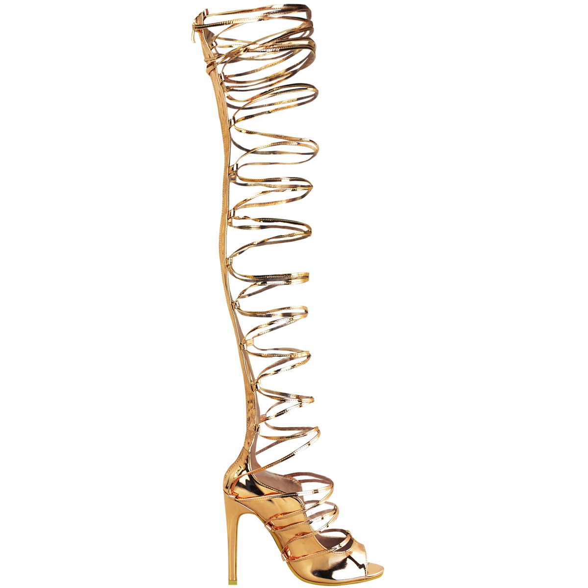 Womens Ladies Lace Up Thigh High Rose Gold Strappy Stiletto Heels Party Shoes 