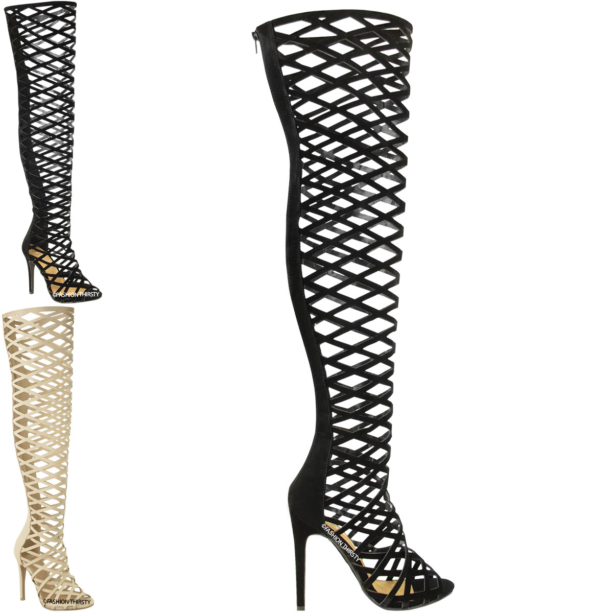 LADIES WOMENS CUT OUT OVER THE KNEE THIGH HIGH STILETTO HEELS ...