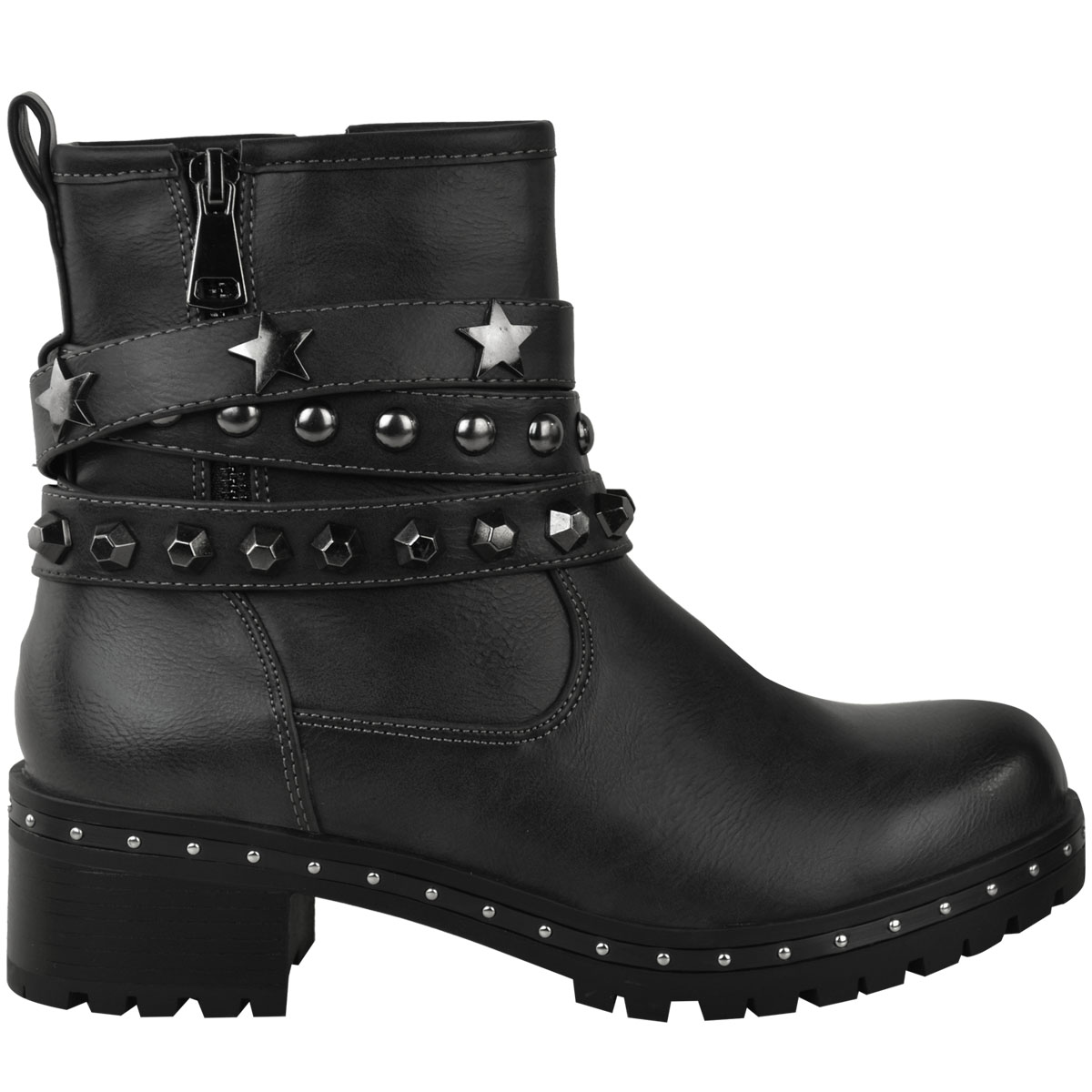 Womens Ladies Studded Flat Ankle Boots Spikes Biker Punk Chunky Winter
