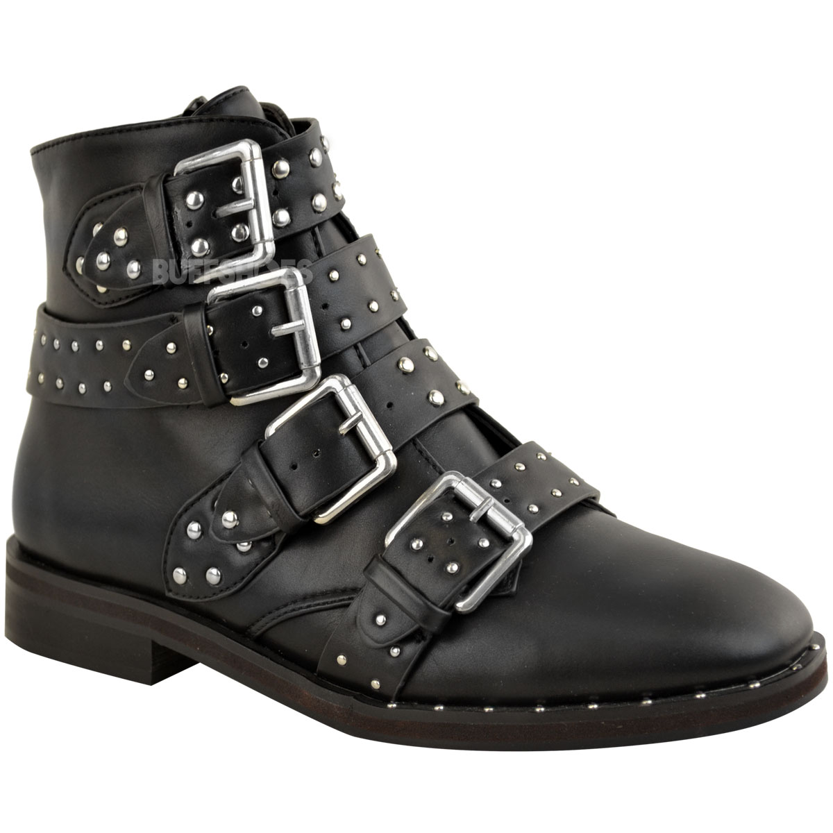 Womens Ladies Studded Flat Ankle Boots 