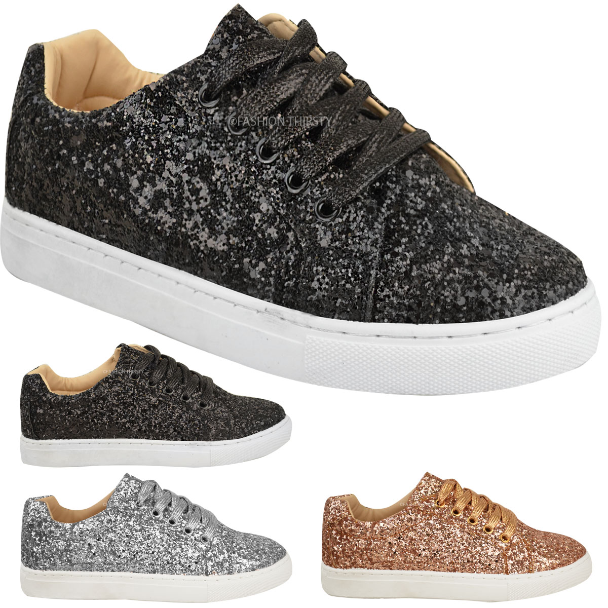 Womens Ladies Flat Lace Up Glitter Sparkly Trainers