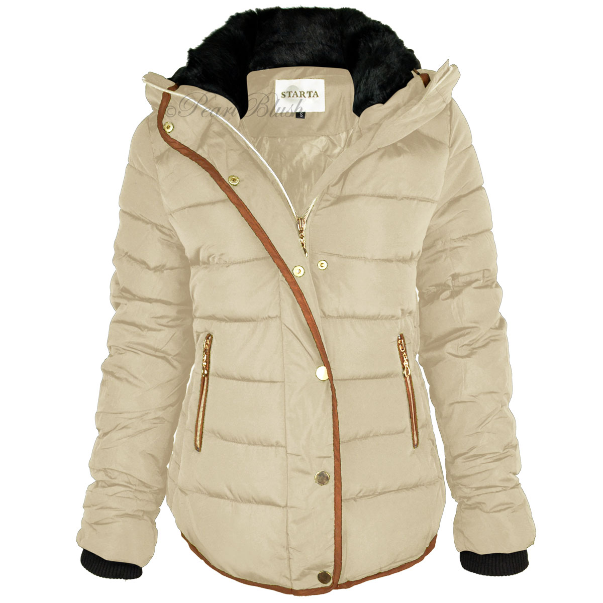 Womens Ladies Quilted Winter Coat Puffer Fur Collar Hooded Jacket Parka ...