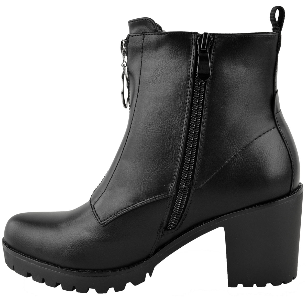 Womens Ladies Flat Ankle Boots Low Heel Work Black Faux Leather ...