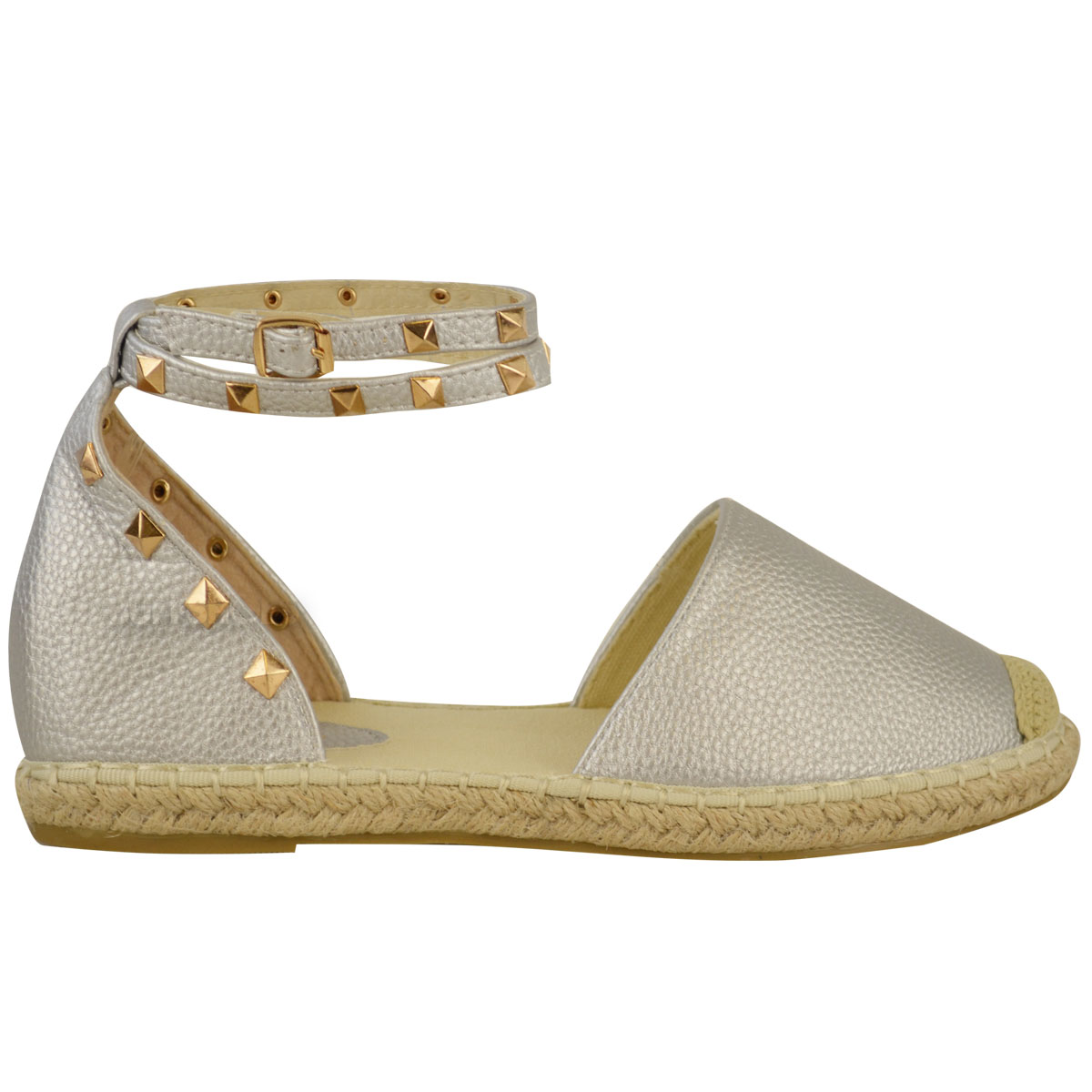 Womens Flat Espadrilles Ladies Ankle Studded Strap Summer Holiday ...