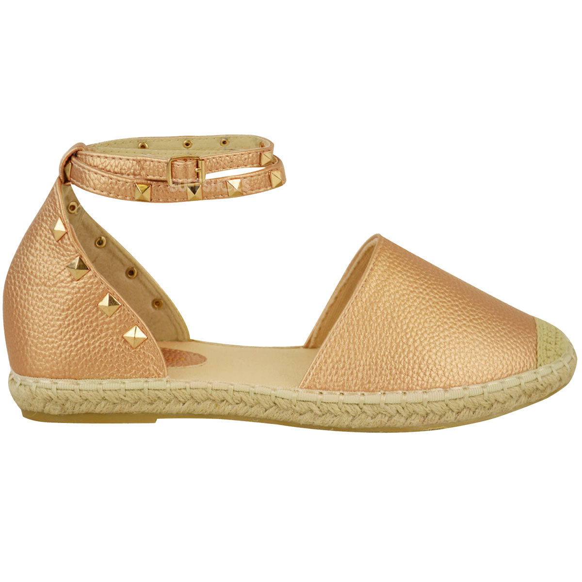 Womens Ladies Espadrilles Ankle Strappy Flat Summer Sandals Studded ...