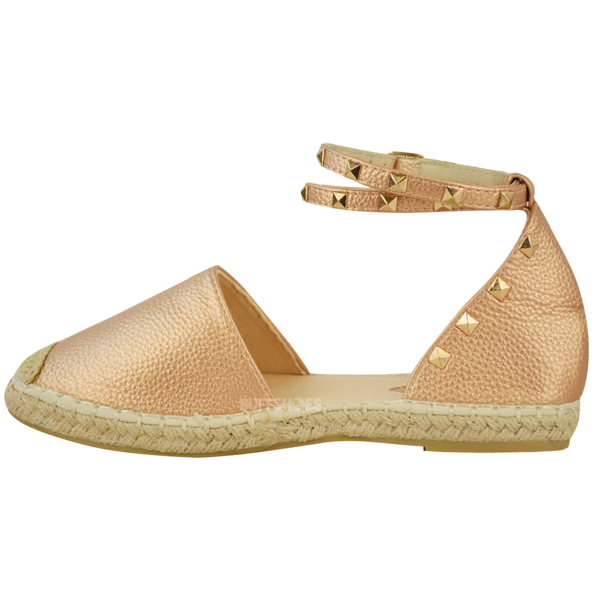 Womens Ladies Espadrilles Ankle Strappy Flat Summer Sandals Studded ...