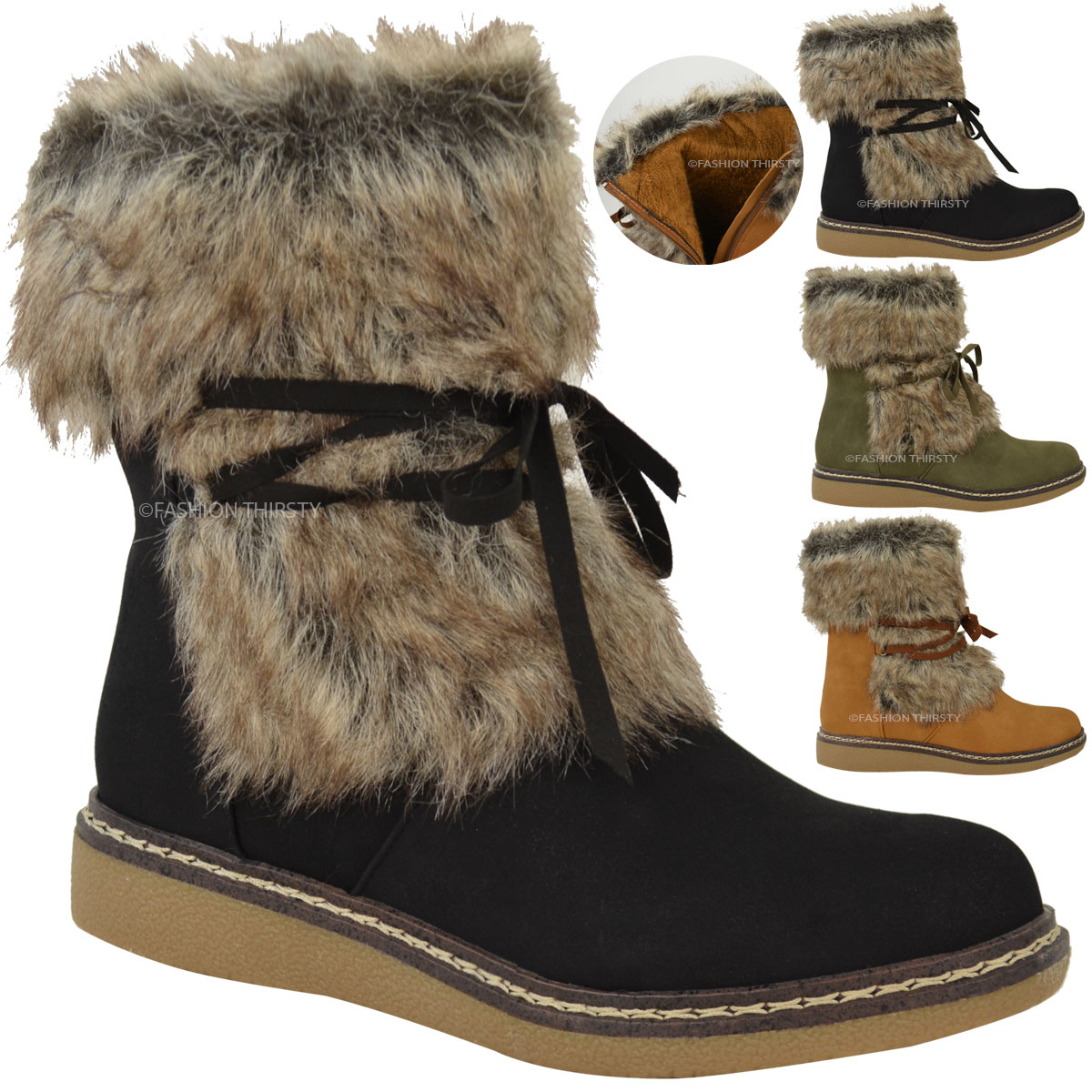 Womens Ladies Flat Low Wedge Faux Fur Winter Anlke Boots Warm Fleece ...
