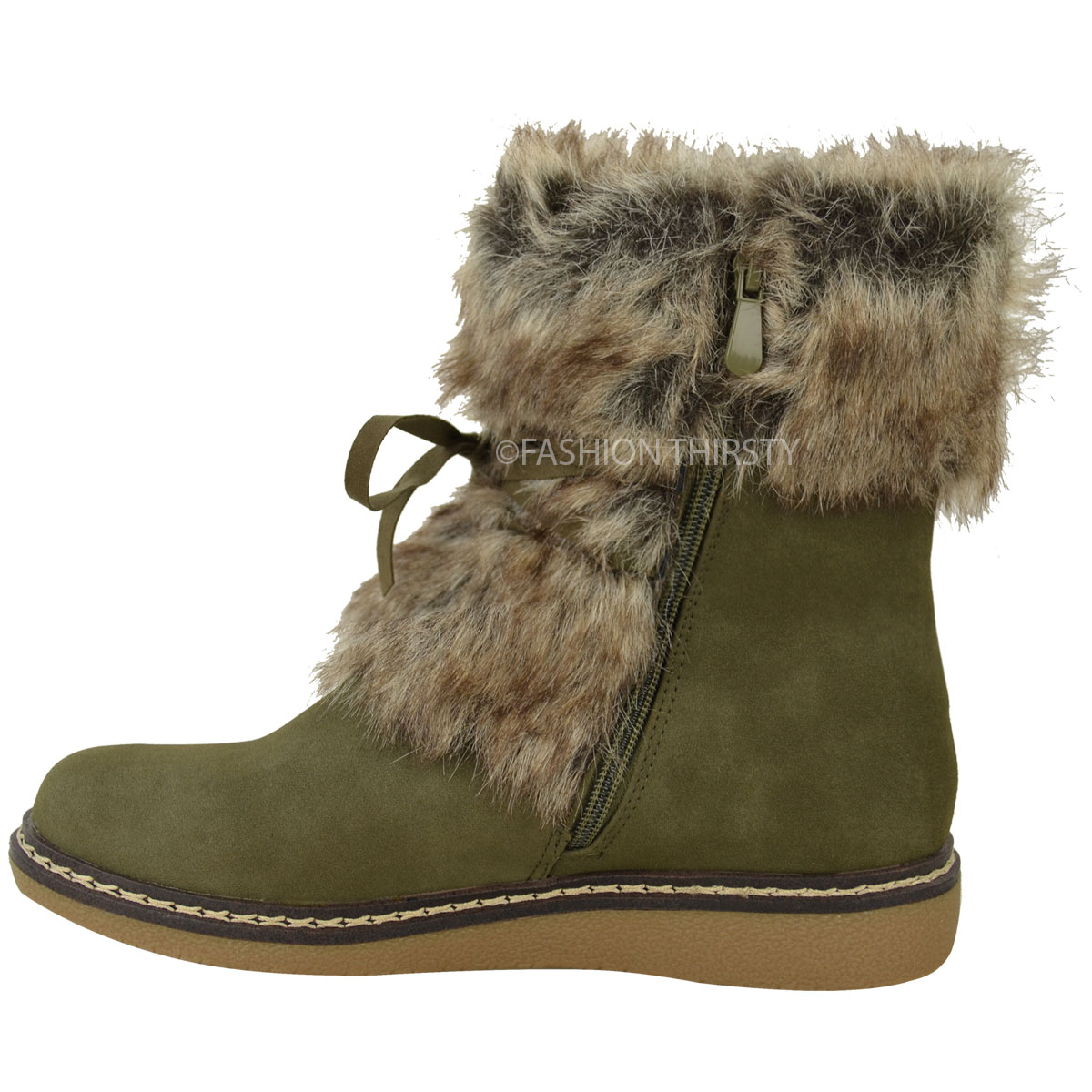 Womens Ladies Flat Low Wedge Faux Fur Winter Anlke Boots Warm Fleece ...