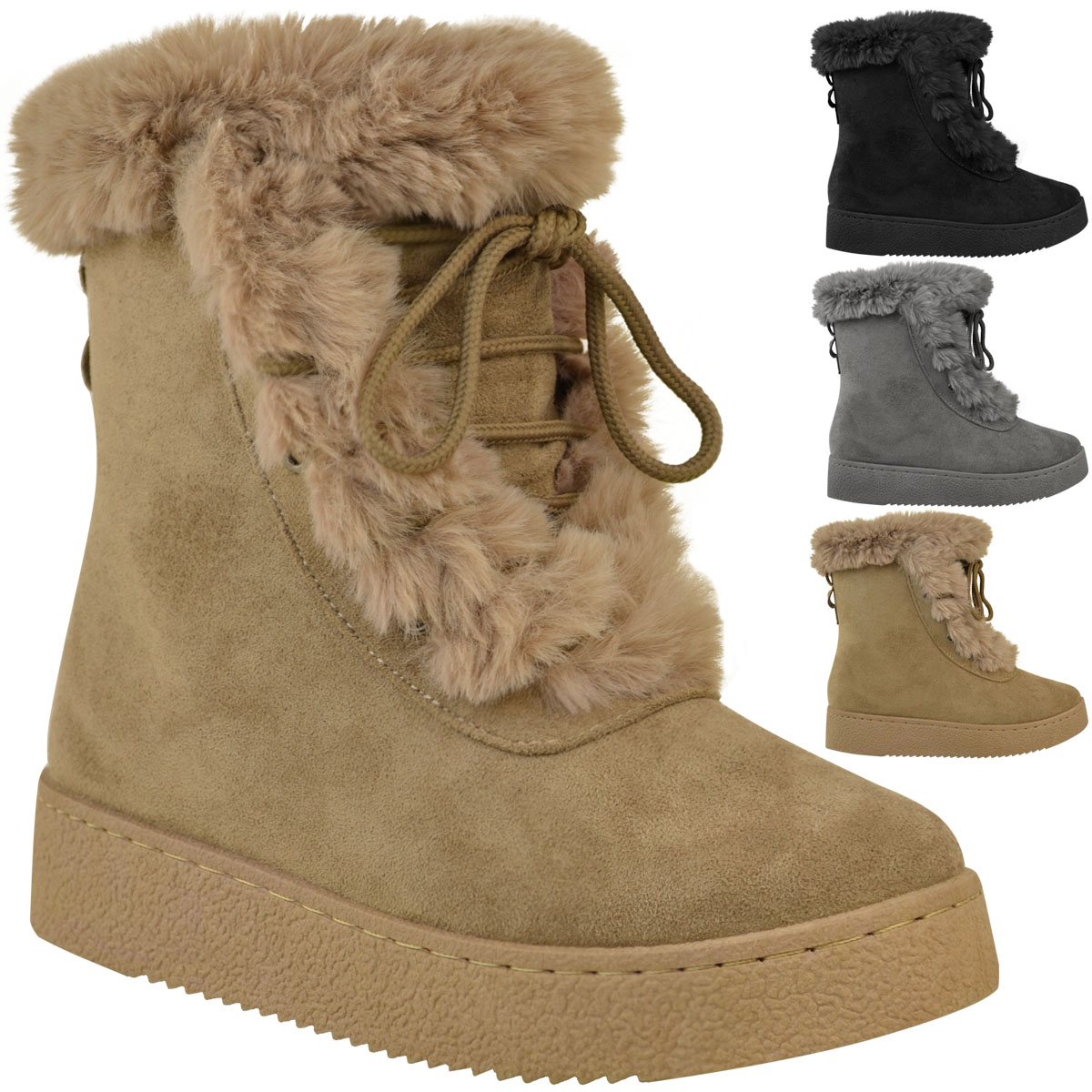 Womens Ladies Flat Faux Fur Winter Ankle Boots Casual Snow Ski Skaters ...