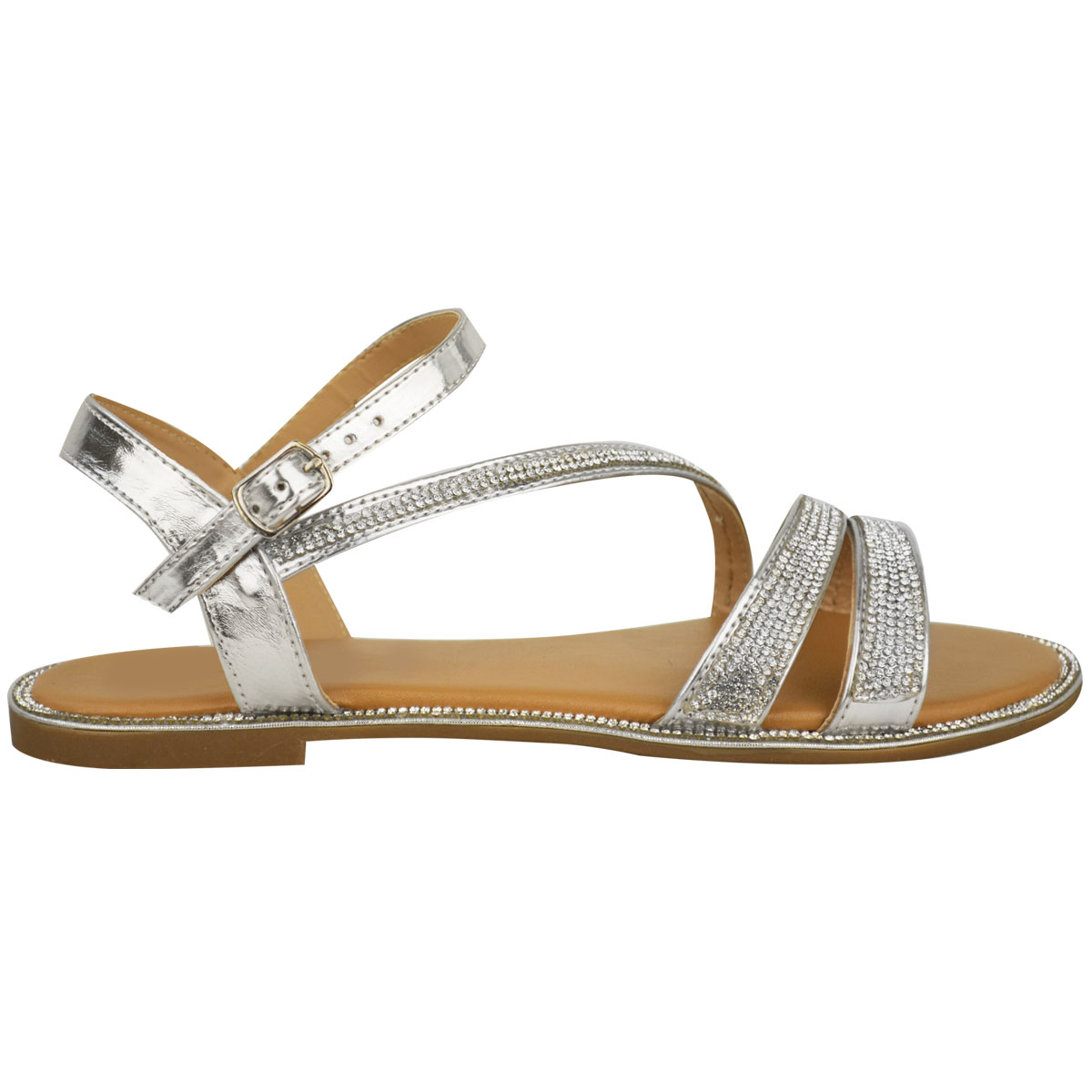 Womens Ladies Flat Strappy Sandals Diamante Summer Toe Post Holiday ...