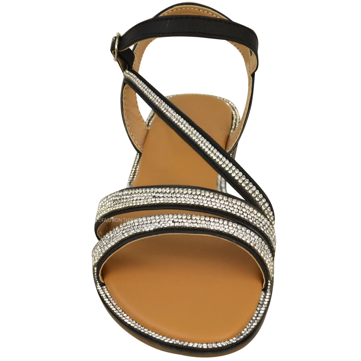 Ladies Womens Flat Strappy Peep Toe Diamante Ankle Strap Summer Sandals ...