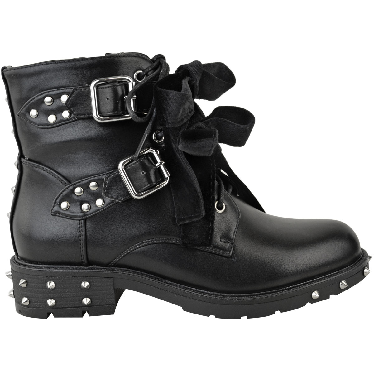 Womens Ladies Studded Flat Ankle Boots Spikes Biker Punk Chunky Winter ...