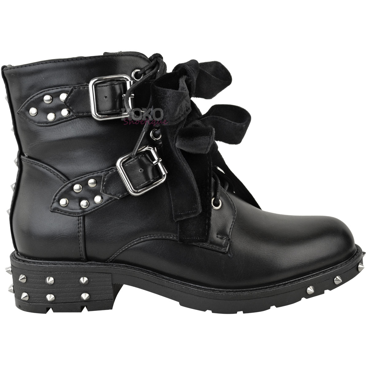 New Womens Ladies Studded Lace Up Ankle Boots Buckle Biker Goth Flat ...