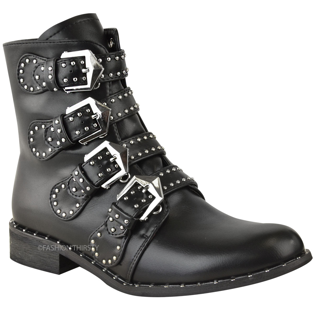 New Womens Ladies Studded Buckle Ankle Boots Chelsea Biker Punk Strappy ...