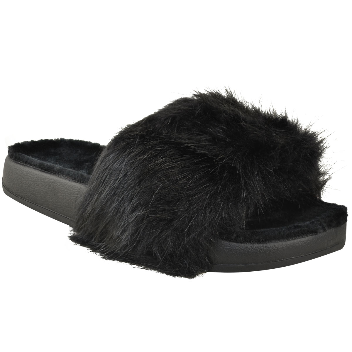 Womens Ladies Furry Slides Fluffy Sandals Summer Slides Comfy Slippers ...