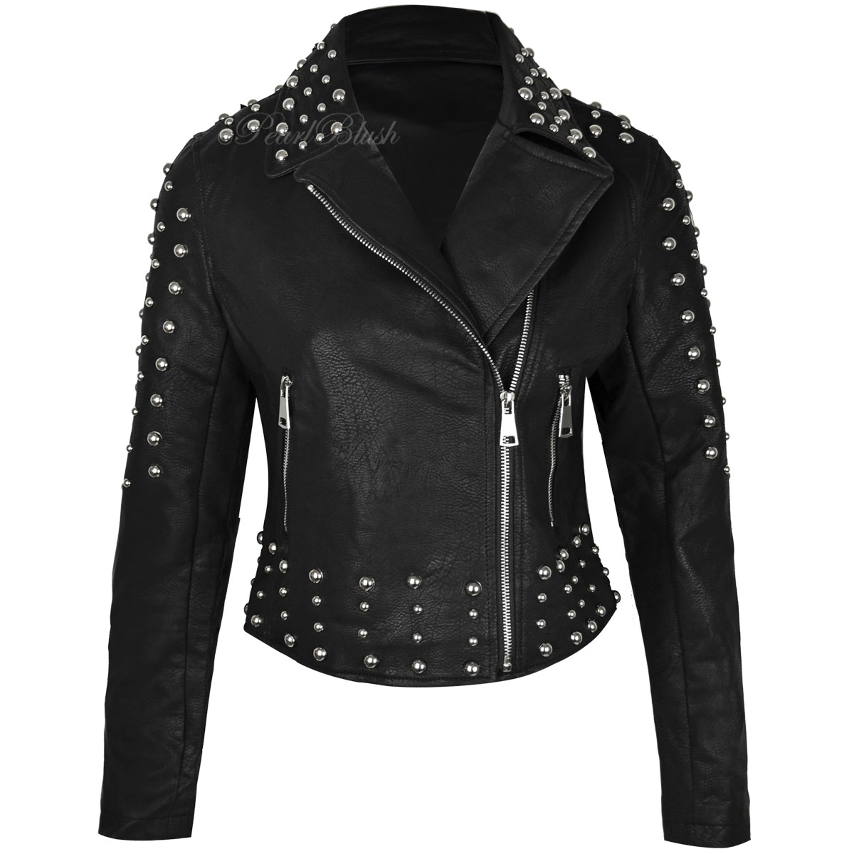 Womens Faux Leather Short Studded Jacket Biker Punk Cropped Casual Size ...