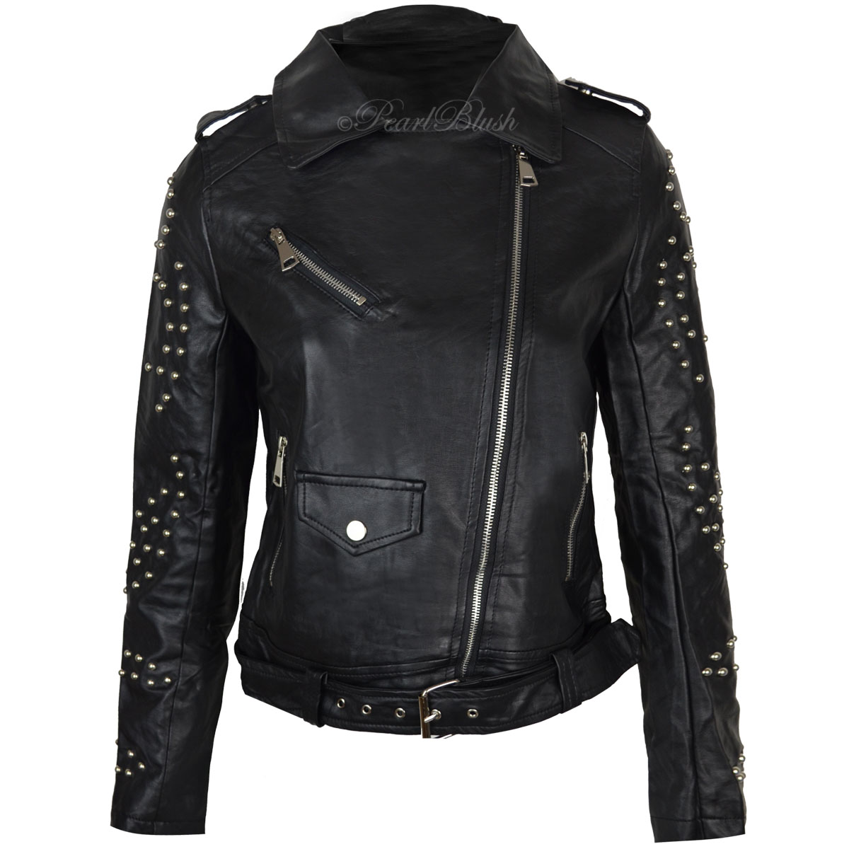 Womens Faux Leather Short Studded Jacket Biker Punk Cropped Casual Size UK