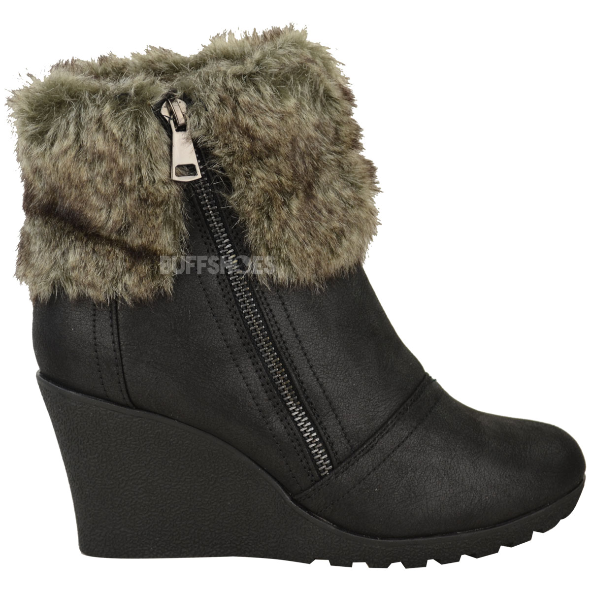 Womens Ladies Winter Fur Wedge Platform Ankle Boots Zip Fluffy Lined ...