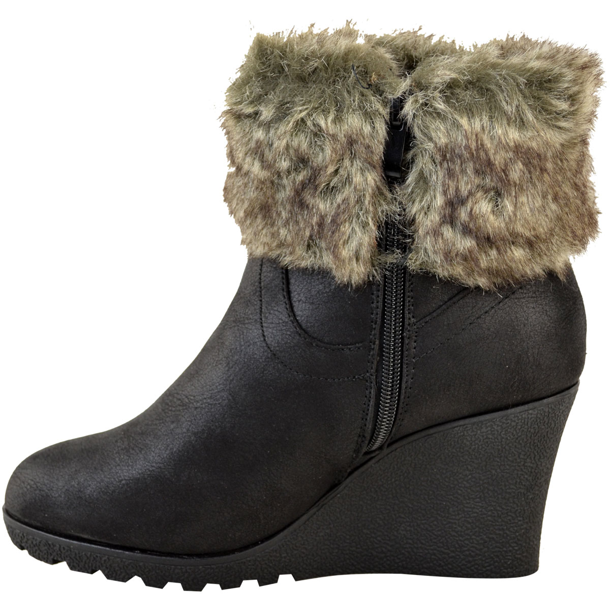 Womens Ladies Winter Fur Wedge Platform Ankle Boots Zip Fluffy Lined ...