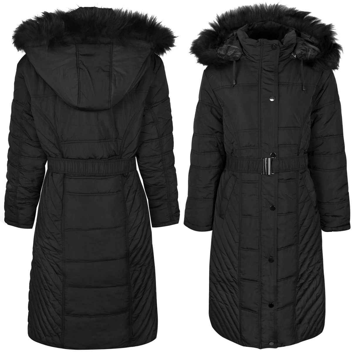 Womens Ladies Long Winter Coat Padded Quilted Puffa Jacket Fur Hooded ...