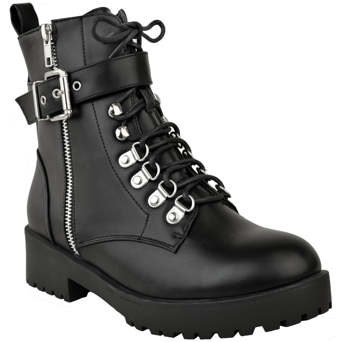 Womens Ladies Flat Lace Up Ankle Boots Chunky Combat Grip Sole Army ...