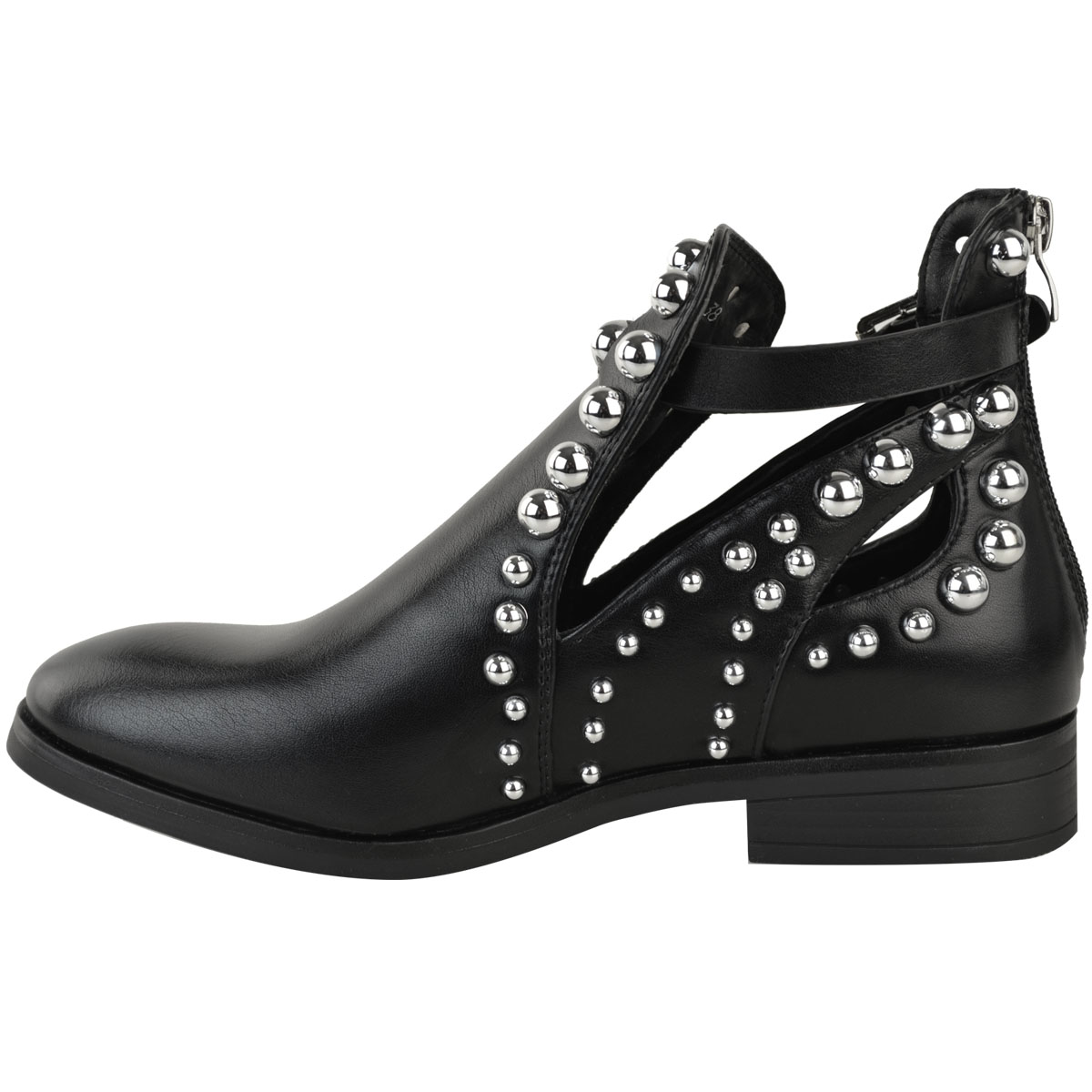 Womens Black Flat Chelsea Ankle Boots Studded Embellished Cut Out Shoes ...