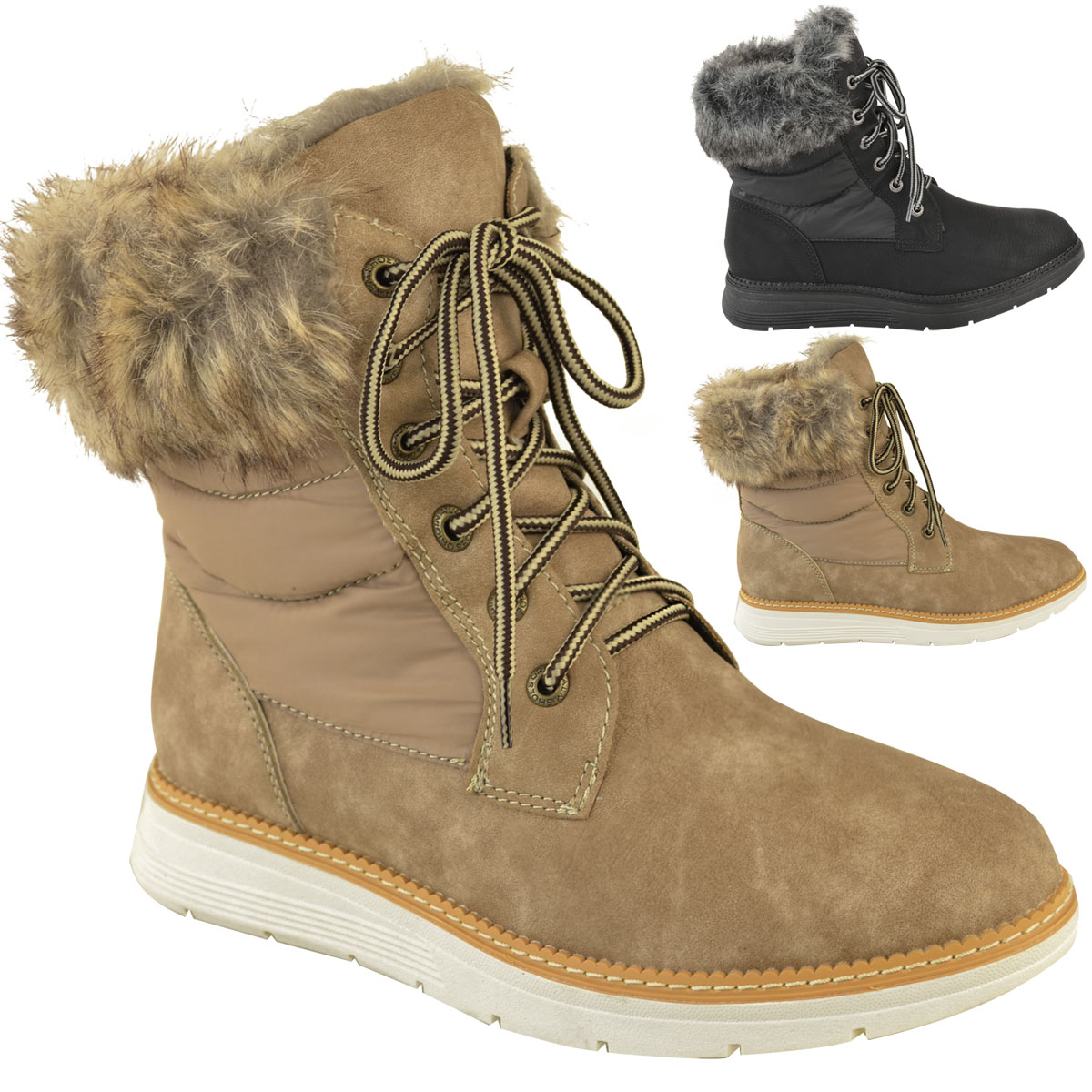 WOMENS WINTER ANKLE BOOTS WARM FUR LINED WALKING COMFOR LACE UP LADIES ...