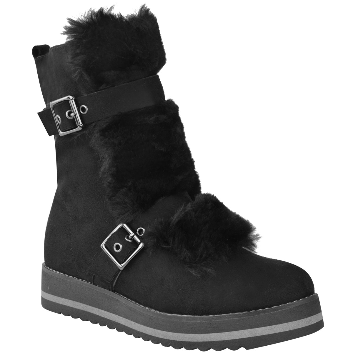 Womens Ladies Low Wedge Flat Winter Snow Ankle Boots Fleece Lining ...